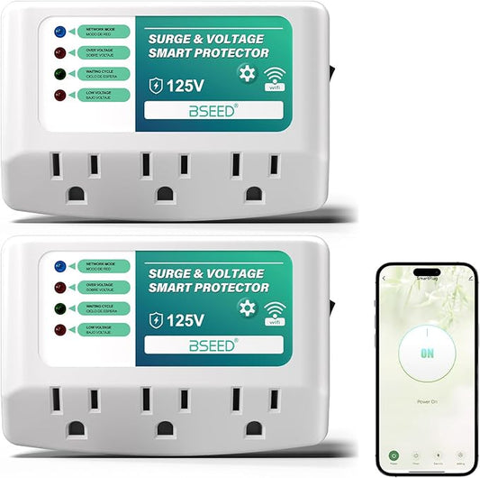 BSEED WiFi Smart Plug, 3 Outlet Surge Voltage Protector with Light Indicator, APP Control, Energy Monitoring, Wall Mount Power Suppressor for Refrigerator/TV/PC, 125V/1875W, FCC Listed,2 Pack