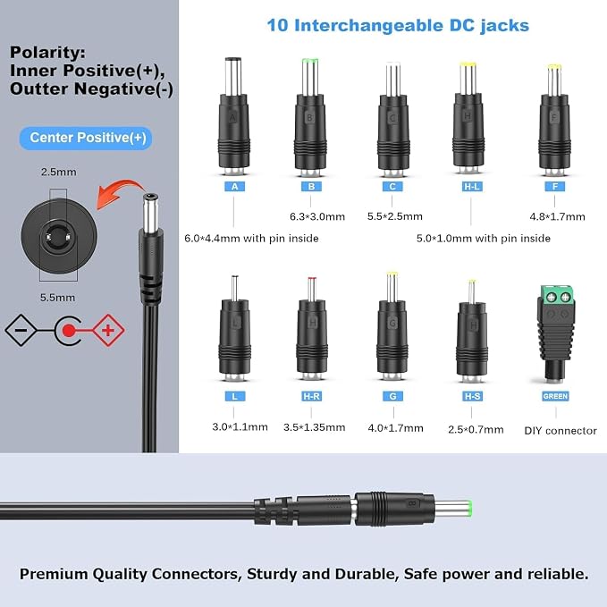 19V 6.3A 5A 4A 3A 120W Charger with 10 DC Jacks Power Cord,PERFEIDY DC in Adapter 19Volt 5.5A 4.5A 3.5A 2.5A 1.5A 1A 0.5A 6300mA 6000mA 5000mA 4000mA 1000mA Power Supply