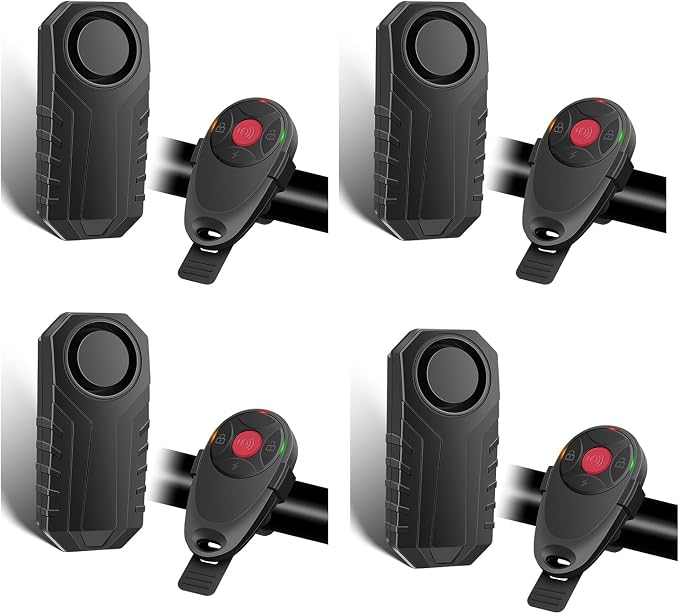 USUPERINK 4Pcs Anti Theft Bike Alarm with Remote,Bike Alarm,Motorcycle Alarm,Motorbike Alarm,Ebike Accessories for Adult Bikes IP65 Waterproof 113dB Super Loud Fit for All Handlebar Sizes Remote Strap