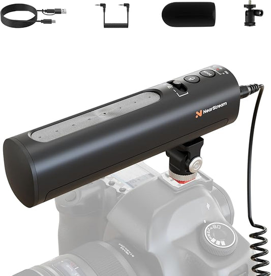 NearStream Shotgun Microphone for Camera with Cold Shoe Mount, USB Condenser Microphone for DSLR, PC, Podcast Mic with 8 Mic Array/12H Battery/3 Polar Pattern/Volume Control/Monitoring (AM10B)