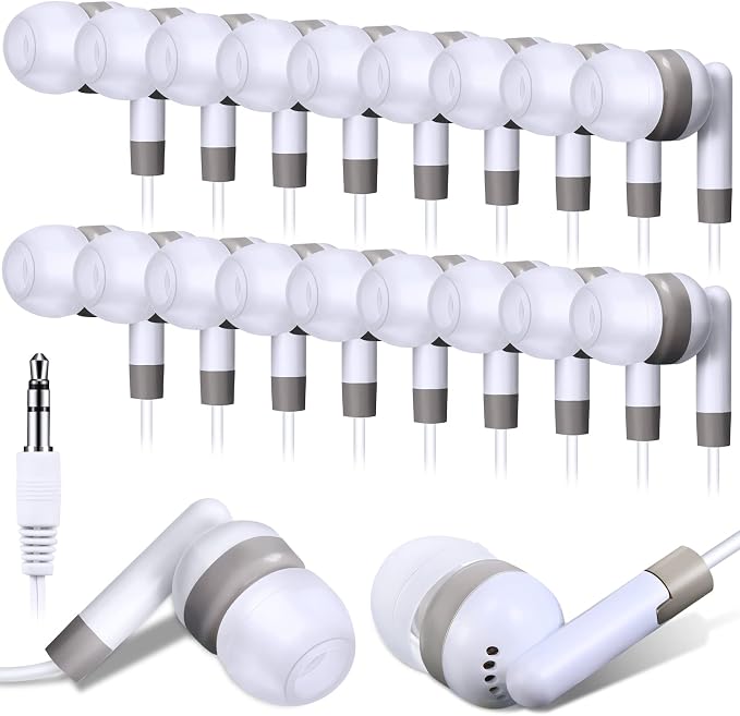 Konohan 10 Pcs Bulk Earbuds with Wire Basic Headphones in Ear for Libraries Laptop, No Microphone 3.5 mm Jack Earbuds Dot Headphones, Individually Bagged (White)