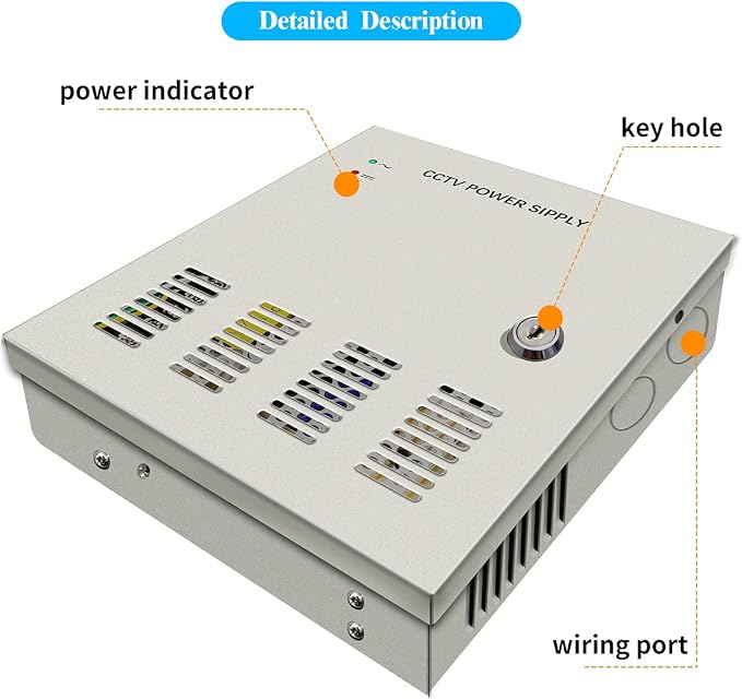 9 Channel 12 Volt DC Output 5A CCTV Distributed Power Supply Box for Security Camera with AC Plug and Lock for Security Cameras, DVRs, CCTV Power Supply (5A 9-Channel)