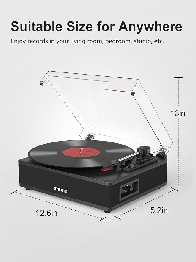 Vinyl Record Player with Built-in Speakers 3-Speed Support 33 1/3, 45, 78RPM Vintage Record Player Bluetooth Input Support RCA Output, Black