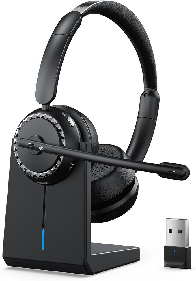 Wireless Headset with Mic for Clear Work Calls, Bluetooth 5.2 Headset with Noise Cancelling Microphone & Mute Button, 40H Talk Time for Zoom Teams, Home Office, PC Mac Laptop Phone (Glossy Black)