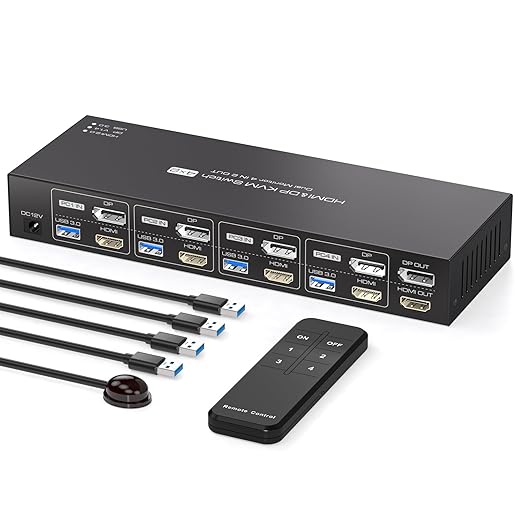 KVM Switch 4 Computers 2 Monitors HDMI and Displayport 4K60Hz 4 Port KVM Switch for 4 PCs to Share Dual Monitors and 4 USB 3.0 Peripherals Support for Copy/Extend Modes with Controller