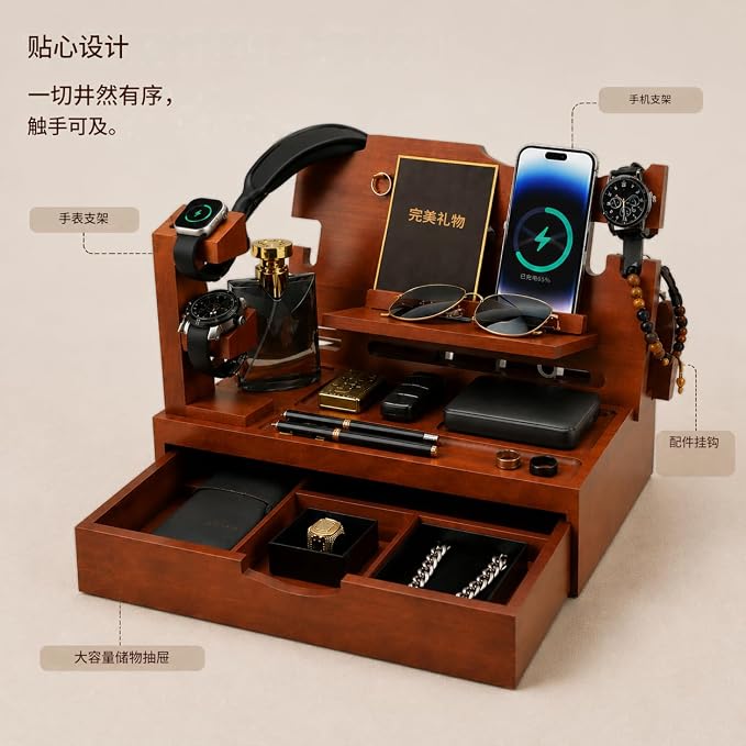Nightstand Organizer for Men with Large Drawer, Wood Phone Docking Station for Phone, Apple Watch, Wallet & Keys, Ideal Birthday Gift for Father Husband, Bedside Desk Organizer (Walnut)