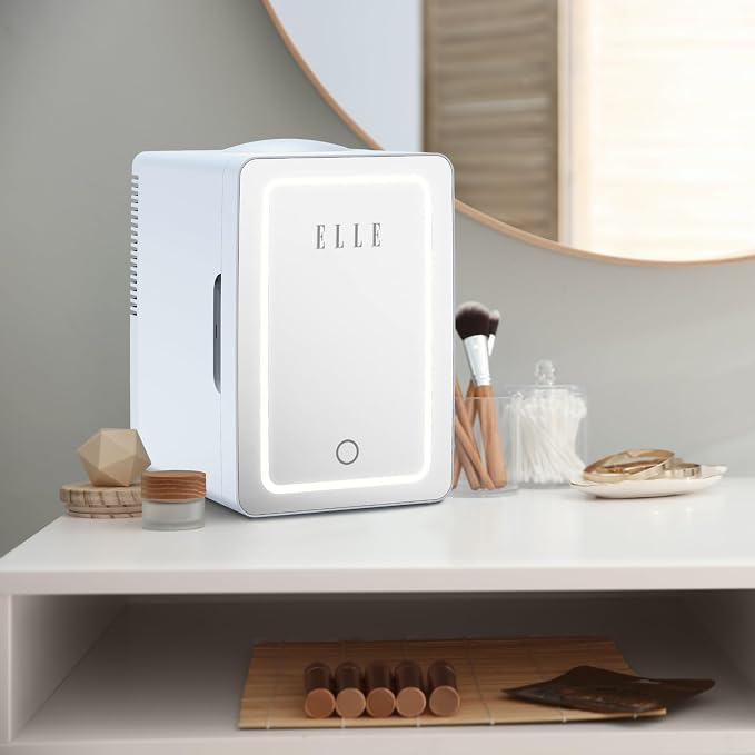 ELLE 6L Mini Cooler Fridge with LED Makeup Mirror for Skincare & Cosmetic Storage Cooler & Warmer Removable Shelf Carrying Handle AC DC Power Options Small Refrigerator for Bedroom Car Office Blue