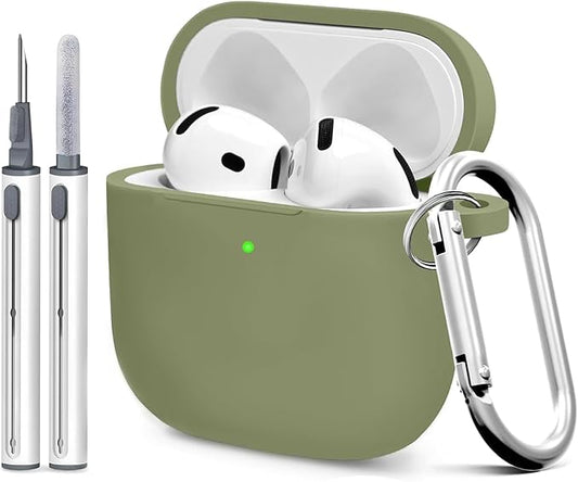 for Airpods 4th Case Cover,Come with Cleaner Kit,Soft Skin Silicone Case Cover with Keychain,Full Protective Case for Men and Women,Compatible with AirPods 4th Generation Case,Army Green