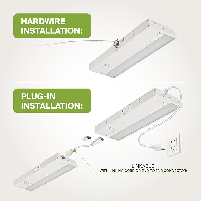 ASD LED Under Cabinet Lighting Plug in or Hardwired 24 Inch, Dimmable Under Cabinet Lights with High/Low/Off Switch, 3CCT 2700K-4000K, Linkable Under Counter Lights for Kitchen, ETL Listed, White