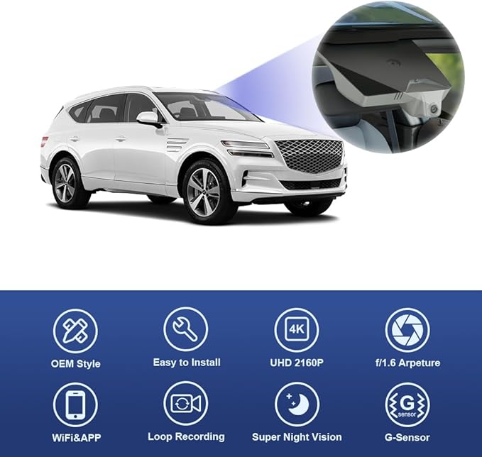 Fitcamx 4K Dash Cam Suitable for Genesis GV80 2021-2025 (HD2-T6010/Tan Cover), OEM Factory Look, 2160P UHD Video, Built-in WiFi & APP, Loop Recording, Collision Detection, Easy to Install, 64GB Card