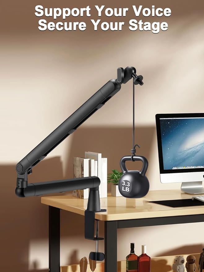 Low Profile Mic Arm Stand,Adjustable Desk Clamp Mic Boom Arm with 360°Swivel and Detachable Rise Column，Built-In Cable Management,with Mic Clip 3/8" to 5/8",For Podcasting and Streaming