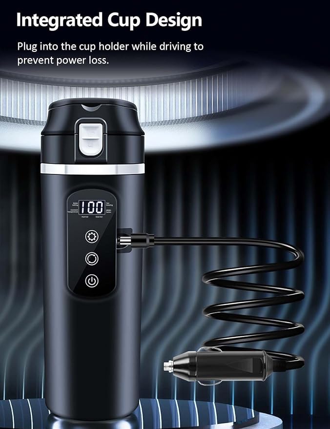 Intelligent 12V Car Electric Kettle with Touchscreen, 13.5oz Travel Kettle, 304 Stainless Steel, Leak-Proof Lid, Variable Temperature (113-212°F) for Coffee, Tea & Milk – Ideal for Trucks, Buses, Cars