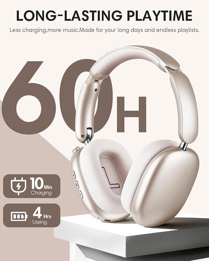 Wentronic Y02 Active Noise Cancelling Headphones, Wireless Over-Ear Bluetooth 5.4 Headphones with Microphone, 60H Playtime, Hi-Res Audio,Big Bass,Foldable Lightweight for Travel Home Office, Starlight