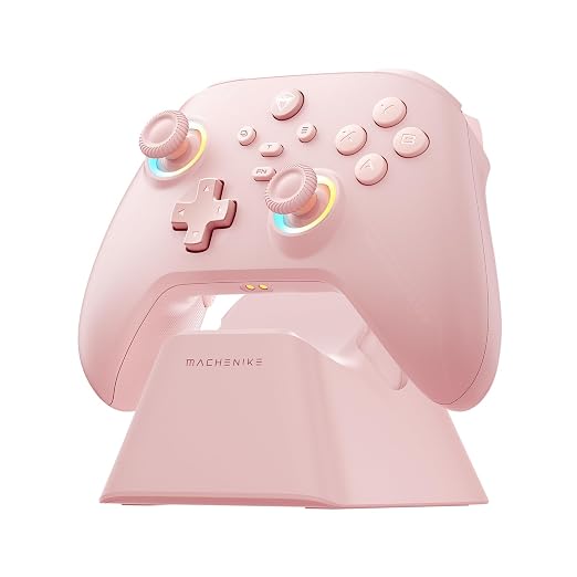 Machenike G3V2 Bluetooth Controller for Pc/Switch/Ios/Android, Hall Effect Joysticks, RGB Lighting Gaming Controller,2 Programmable Buttons,1000mah Battery With Charging Station, Pink