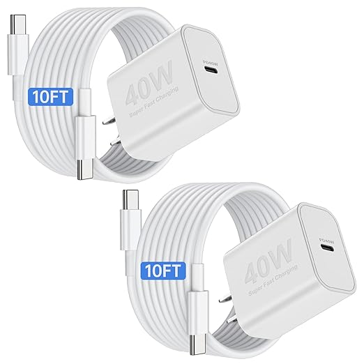 iPhone 17 16 15 Pro Max Charger Fast Charging, 2Pack 40W USB C Charging Block Plug and 10ft Type C to C Cable Cord Long for Apple iPhone 17 Pro Max/17 Air/17/16 Pro/16 Plus/15 Pro/15 Mini/iPad/AirPods