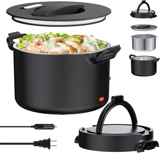 Electric Lunch Box Food Warmer, 34-Ounce Leakproof Portable Heated Lunch Container for Car, Truck, Office,Camping, 100W 12V/24V/110V/220V Bento Box Heater Gift For Women Men (Black)