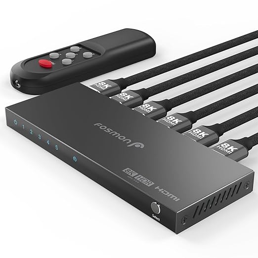 Fosmon 5-Port HDMI 8K Switch with Remote, Support 8K@60Hz 4K@120Hz HDR10+ HDCP 2.3 High Speed 48Gbps 5 in 1 Out Auto-Switching 5x1 HDMI 2.1 Switcher Splitter Hub Compatible with PS5, Xbox X, Apple TV
