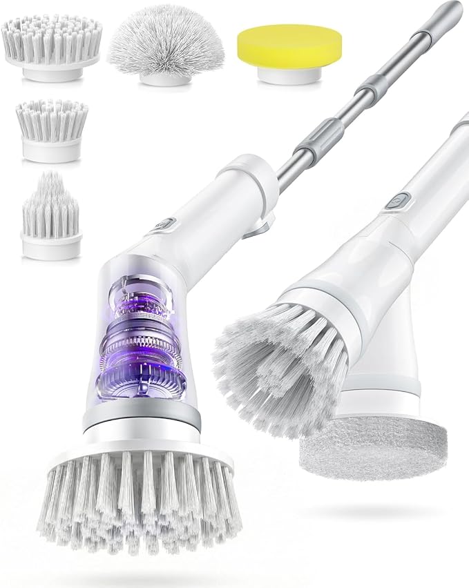 Electric Spin Scrubber, Cordless Shower Scrubber with 5 Replaceable Heads & Adjustable Extension Handle, 2 Speeds & IPX7 Waterproof Cleaning Brush for Bathroom Floor Tile and Grout, White-tb1