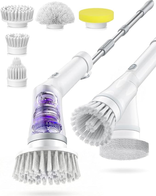 Electric Spin Scrubber, Cordless Shower Scrubber with 5 Replaceable Heads & Adjustable Extension Handle, 2 Speeds & IPX7 Waterproof Cleaning Brush for Bathroom Floor Tile and Grout, White-tb1