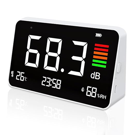 Digital Decibel Meter, Sound Level Meter Tester 30-130 dB Meter Desktop Temperature Humidity Noise Alarm Time for Home, Classroom, Studio, Factory