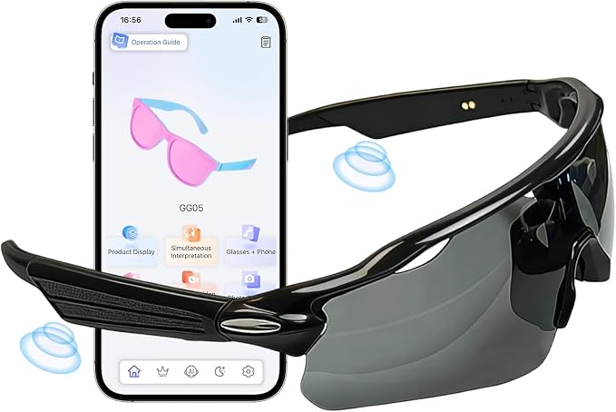 Bluetooth Smart Sunglasses for Men Women, Open-Ear Speaker Glasses with Touch Control, UV400 Polarized Lens, 5-6H Playtime for Outdoor Sports,Black and Grey