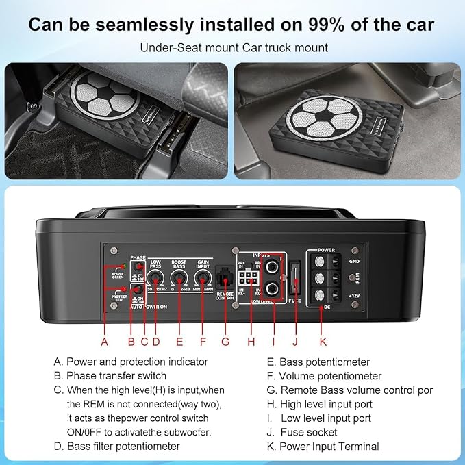 litillbuly 10 Inch 800W Slim Under Seat Car Subwoofer with Built-in Amplifier | High/Low Level Inputs | Remote Bass Control | for Car & Truck Audio | Includes Wiring Kit (Football Design)