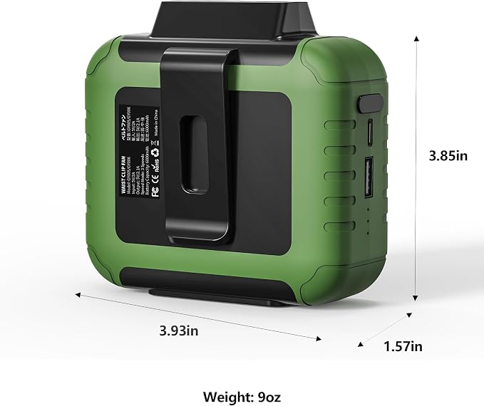Portable Waist Fan - 6000mAh Battery, 3 Speeds, Strong Airflow, Up to 16 Hours Working Time, Portable Hands-Free Cooling Belt Clip Fan for Construction Workers, Couriers, and Campers