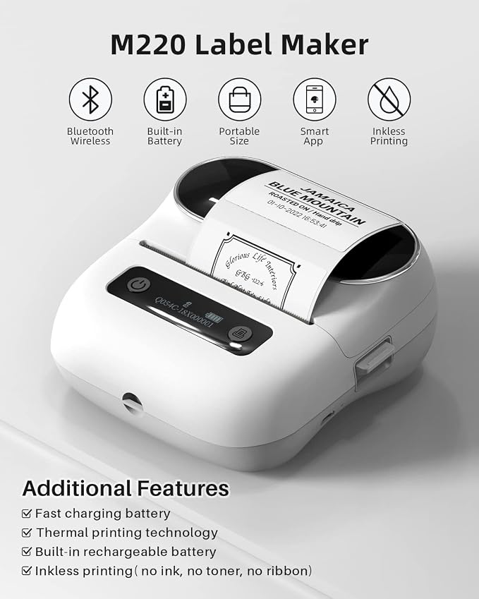 Phomemo M220 Label Maker & 4 Roll Label, 3.14 Inch Bluetooth Thermal Label Printer for Barcode, Address, Labeling, Mailing, File Folder Label, Easy to Use, Support Smartphone, Tablet&PC