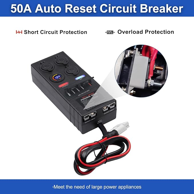 Mini Power Distribution Box 12V DC Battery Socket Max. 50A Current with 2 x Anderson, 6 x USB & 3 x Cig Sockets, Mini Battery Box for Outdoors RV Camping Fishing Emergency