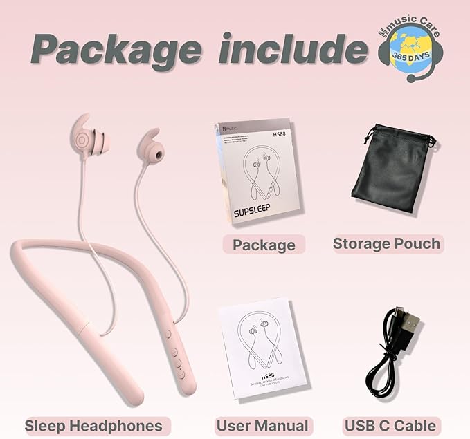 Hmusic HS88 Sleep Earbuds for Side Sleepers – Ultra-Thin Silicone Neckband Headphones, 30dB Noise Isolation, 12H Battery Life with Sleep Timer, Secure Fit for Yoga, Travel, Audiobooks & Meditation
