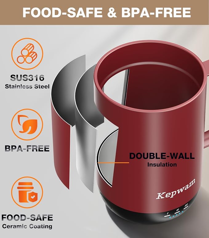 Kepwam Self-Heating Coffee Mug T1, 16oz Rechargeable Heated Coffee Mug, Smart Coffee Warmer Mug with App-Controlled,Advanced Temperature-Controlled Heating Coffee Gifts for Women Men Coffee Lover
