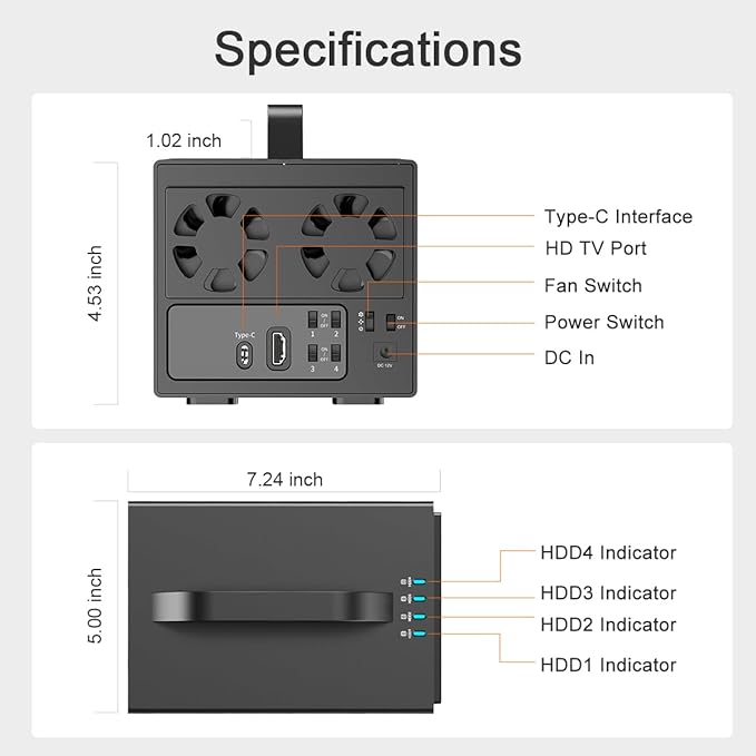 MAIWO 4 Bay Hard Drive Enclosure for 3.5'' SATA HDD with Two Fans,4 Bay HDD Enclosure with 4K HD-MI Port, 96TB Expansion,Independent Hard Drive Power Switch