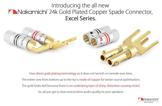 Nakamichi Excel Series 24k Gold Plated Spade Y Banana Plug 12-18 AWG Gauge Size 4mm for Speakers Amplifier Hi-Fi AV Stereo Home Theatre Audio Wire Cable Screw Connector, 2 Pcs (1-Pair)