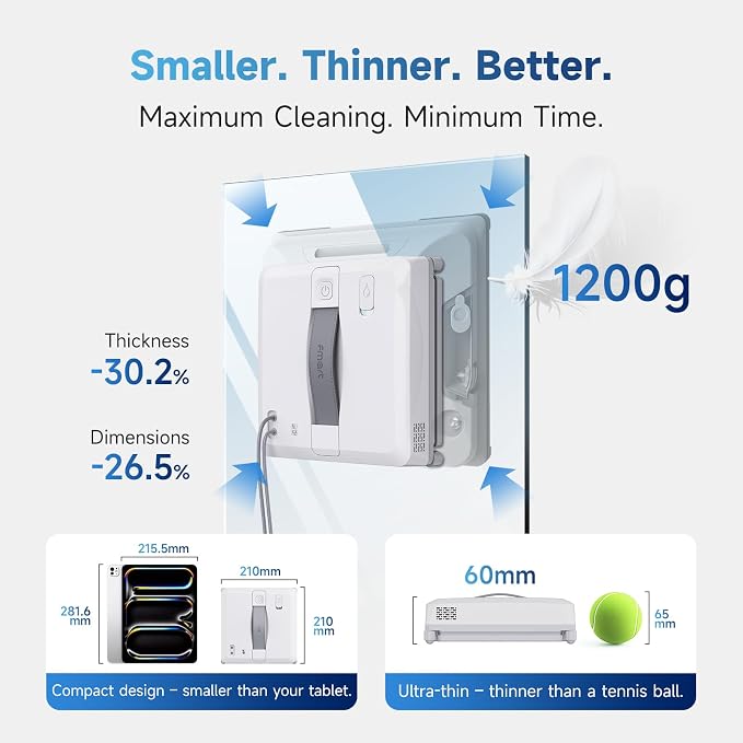 FMART W5 Mini Window Cleaning Robot, 4-Way Ultrasonic Spray, 8000Pa Suction, Ultra-Slim 2.36 in, Edge-Cleaning Route, Smart Path Planning, 9-Stage Safety, Anti-Falling