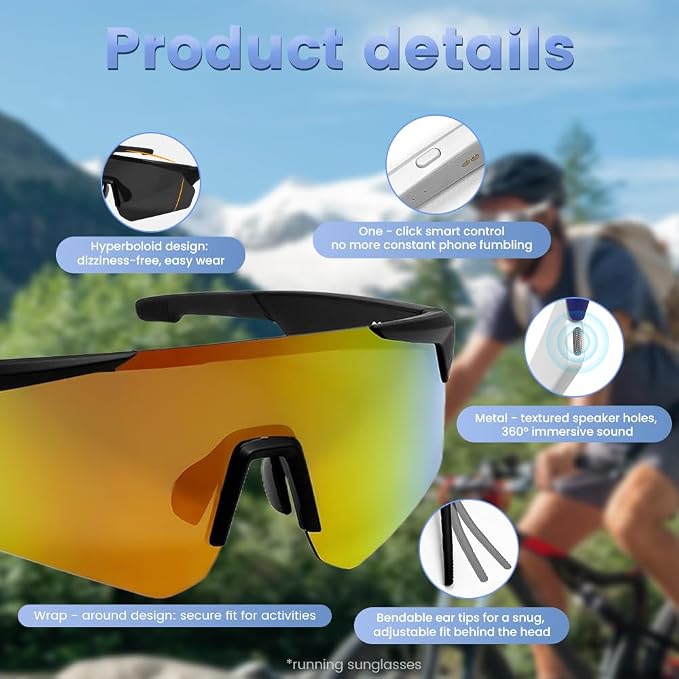 Sport Smart Glasses,Polarized Bluetooth Sunglasses for Men, Women,Built-in Mic & Open Ear Music Speakers,UV Protection Running Baseball Sunglasses,Cycling Glasses(Orange)