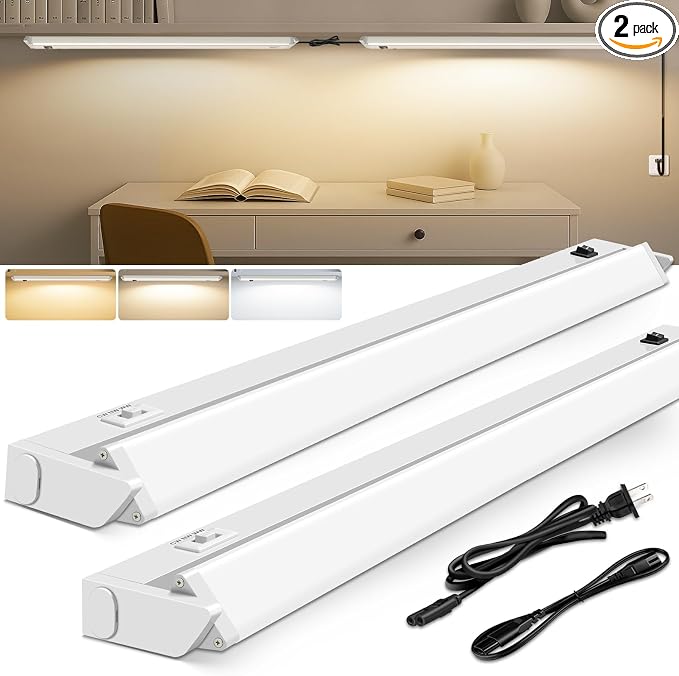 ALUSSO Under Cabinet Lighting, 24 Inch Linkable LED Under Cabinet Lights with Plug, 150° Swivel Light Bar, 3 Color Temperatures (3000/4000/6500), 16 W 1280 Lumen, for Kitchen Counter, Closet - 2 Pack