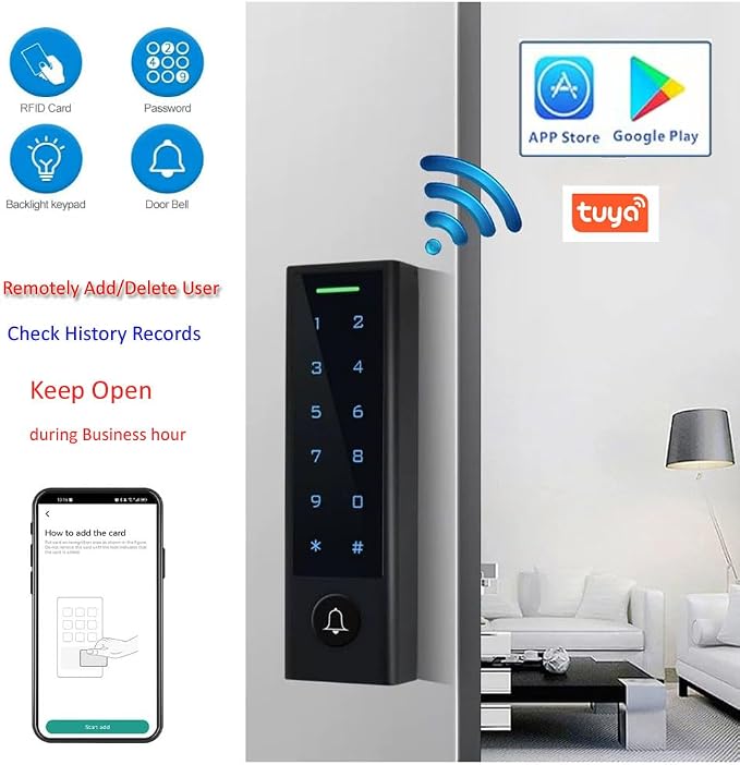 WiFi Remote Manage IP66 Watreproof Access Control Keypad 600lbs Magnetic Lock Request to Exit PIR Motion Sensor Smart Phone App Remote ADD/Delete User