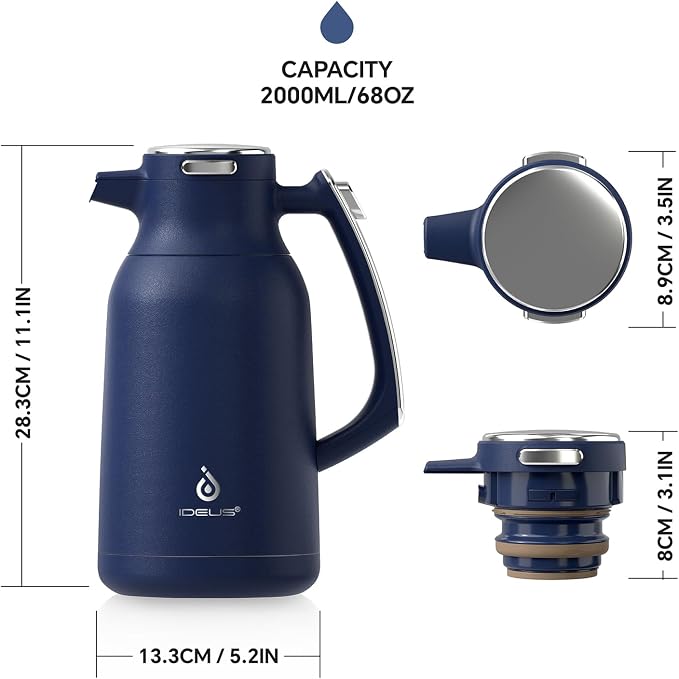 IDEUS Thermal Coffee Carafe, Stainless Steel Double Wall Insulated Vacuum Flask, Water Jug Coffee Server and Beverage Dispenser, Heat and Cold Retention (Navy Blue, 68, Fluid Ounces)