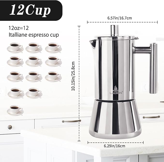 LAOION Stovetop Espresso Maker, 12Cup 17.5 oz Moka Pot, Stainless Steel Cuban and Italian Coffee Maker for Cafetera Cubana, Greca De Cafe Induction Stovetop Compatible, Coffee Gift for Home Travel