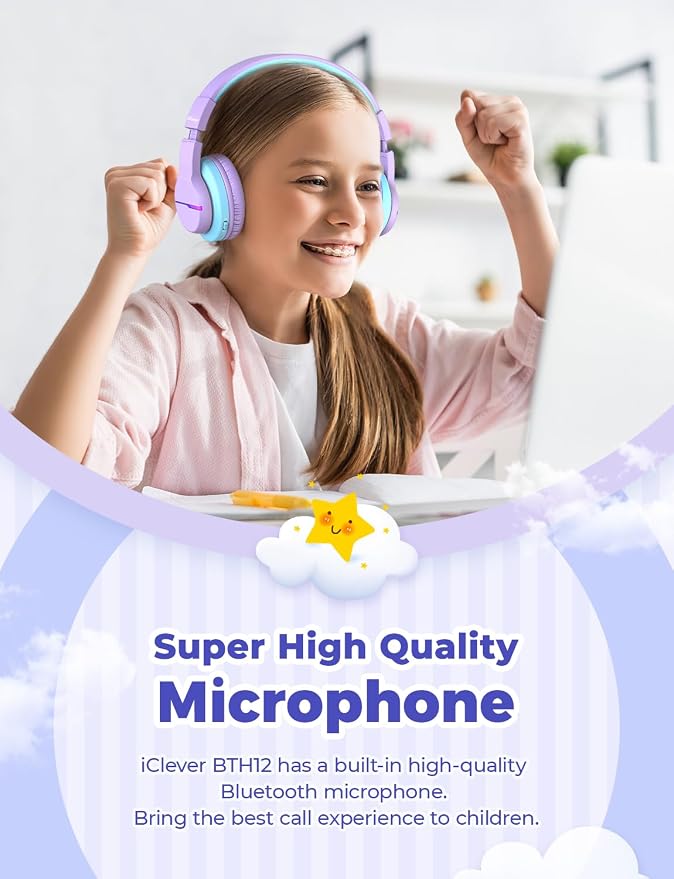 iClever BTH12 Kids Bluetooth Headphones,Colorful LED Lights Kids Headphones Wireless,74/85dBA Safe Volume,85H Playtime,Fast Charging,Bluetooth 5.2,Over Ear,Built-in Mic for iPad/Tablet/Airplane,Purple