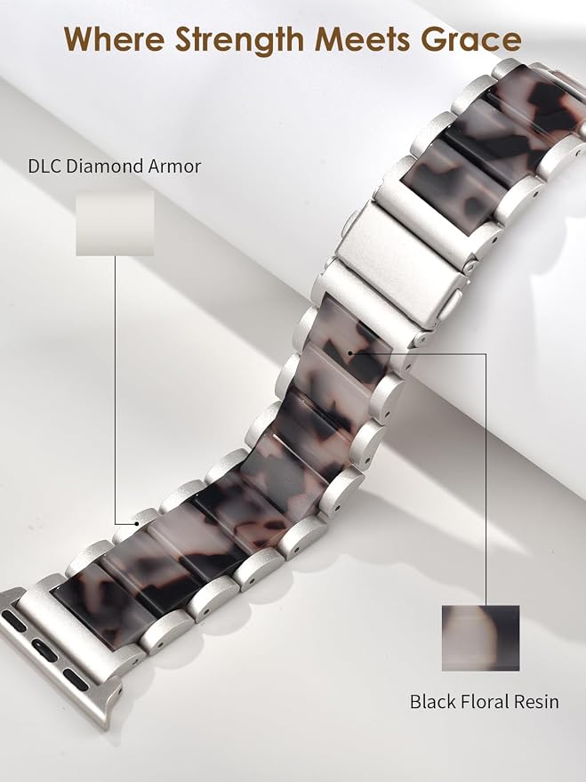 V.R.HOPE Apple Watch Band for Women 38mm 40mm 41mm 42mm, Fashion Rose Gold Stainless Steel Metal Strap with Resin Inlay, Fashion Bracelet Compatible with iWatch Series 11/10/9/8/7/6/5/4/3/2/1/SE (Black Floral+Starlight)