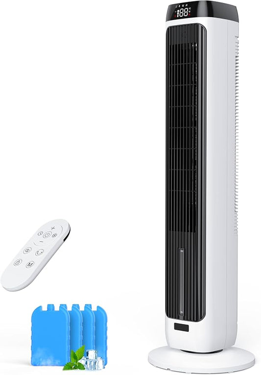 PNTCK 41" Evaporative Air Cooler, Bladeless Tower Fan Cooling Fan with 3 Speeds & 5 Modes, Ice Packs, 12H Timer, Remote, 80° Oscillating, 3-IN-1 Swamp Cooler for Bedroom Office Large Room