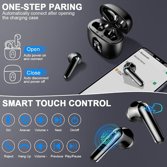 Wireless Earbuds, Bluetooth Headphones, Stereo Bass Ear Buds with ENC Noise Cancelling Mics, Bluetooth Earbuds with LED Display Charging Case, IP7 Waterproof Earphones for Android iOS/Glossy black
