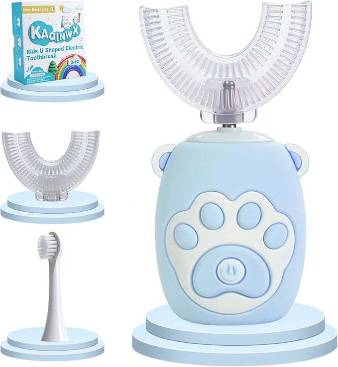 Kids U Shaped Electric Toothbrush for Age 2-12, Rechargeable Toddler Toothbrush with Smart Timer & 3 Clean Modes, Cat's Claw Design, IPX7 Waterproof, 3 Brush Heads & 360°Cleaning