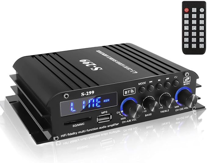 Romicta 4.1 Channel Home Audio Amplifier Receiver, Bluetooth 5.0 Mini Amp with Subwoofer Output, RMS 4x50W MAX 800W for Home Theater/Car- USB/SD/AUX Input, for Passive Speakers and Active subwoofer