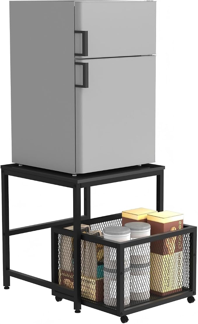 FAHKNS Mini Fridge Stand 19.7 Inch Square Mobile Mini Fridge Cart with Storage Drawer Basket Heavy Duty Fridge Cart, Large Capacity Storage Beverage Refrigerator Table, Black