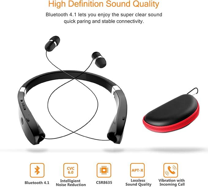 Foldable Bluetooth Headset, Beartwo Lightweight Retractable Bluetooth Headphones for Sports&Exercise, Noise Cancelling Stereo Neckband Wireless Headset (with carry case)
