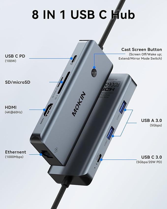 USB C Hub for MacBook Pro/Air,Mac Dongle with 3 USB Port,USB C to HDMI, USB C to RJ45 Ethernet,MOKiN 8 in 1 USB C to HDMI Adapter,100W PD Charging, USB C to SD/TF Card Reader USB C Hub