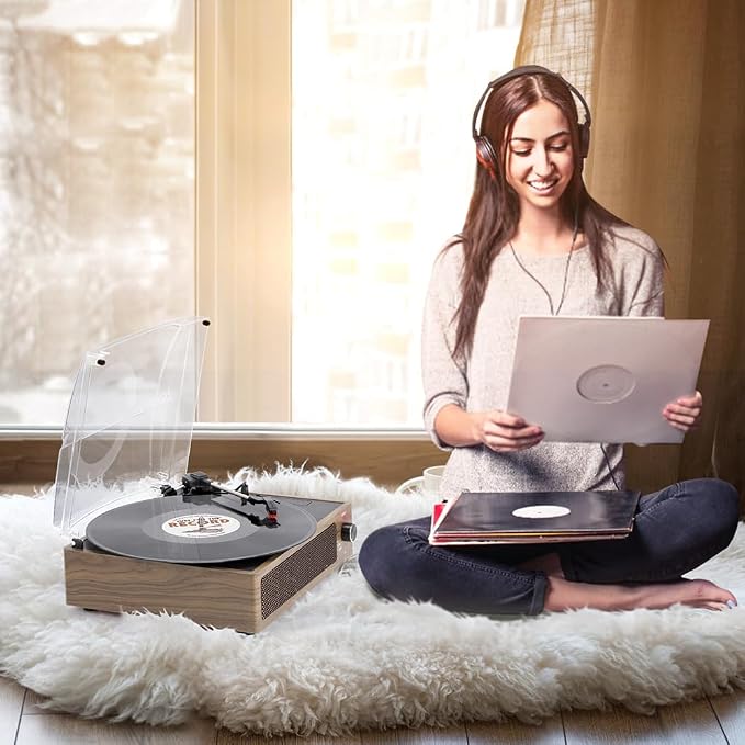 Vinyl Record Player with Speakers Vintage Turntable Vinyls Records Belt-Driven Turntables Support 3-Speed Wireless Playback Headphone AUX RCA Line LP Vinyl Players for Sound Enjoyment Retro Wood Cyan