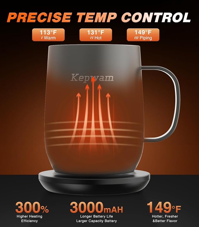 Kepwam Heated Coffee Mug Rechargeable T2, 16oz Smart Temperature Control, Up to 149℉, 150 Min Battery Life, Great Gift for Dad Mom
